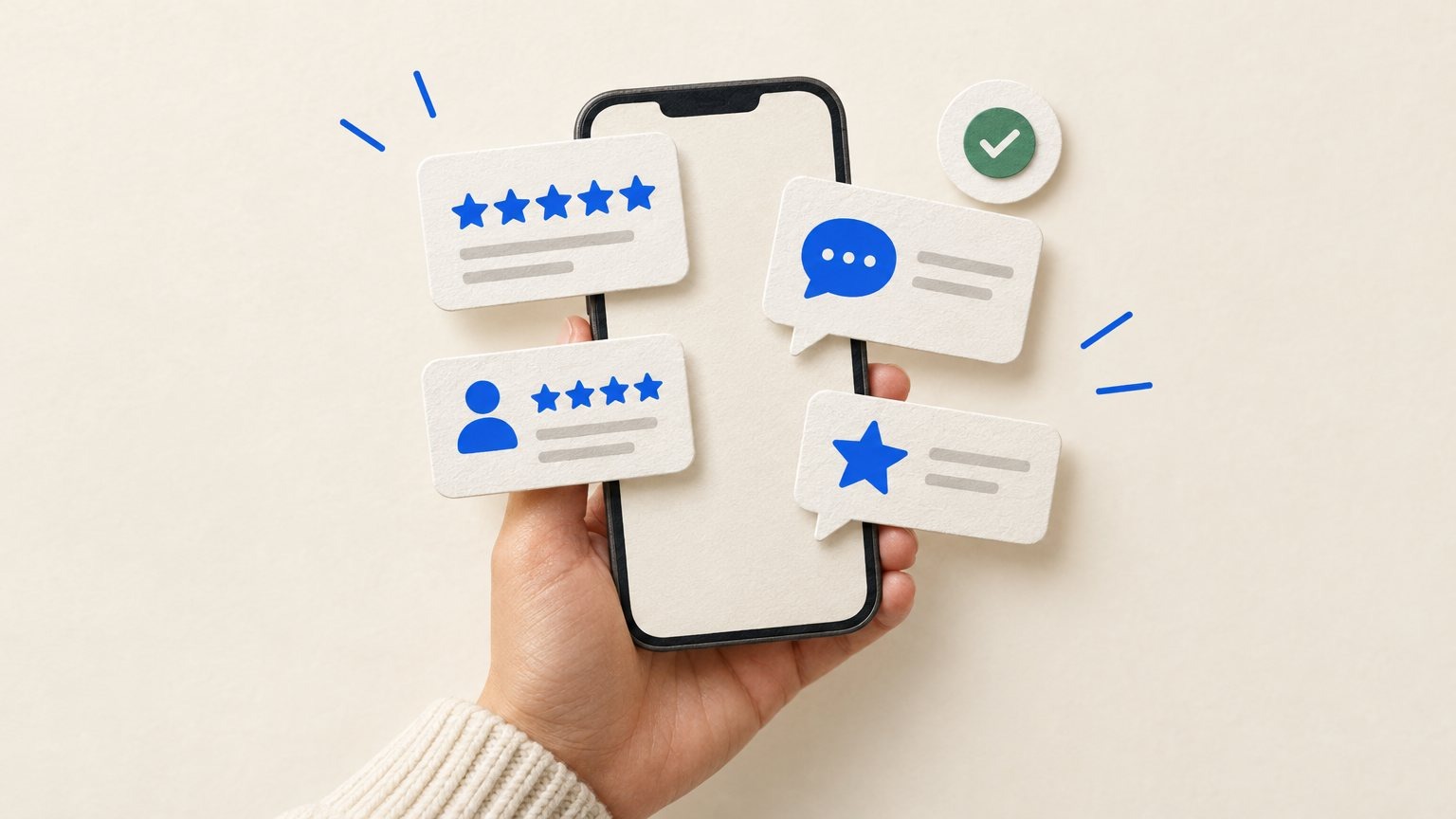 Illustration of a person checking several review platform icons on a phone screen.