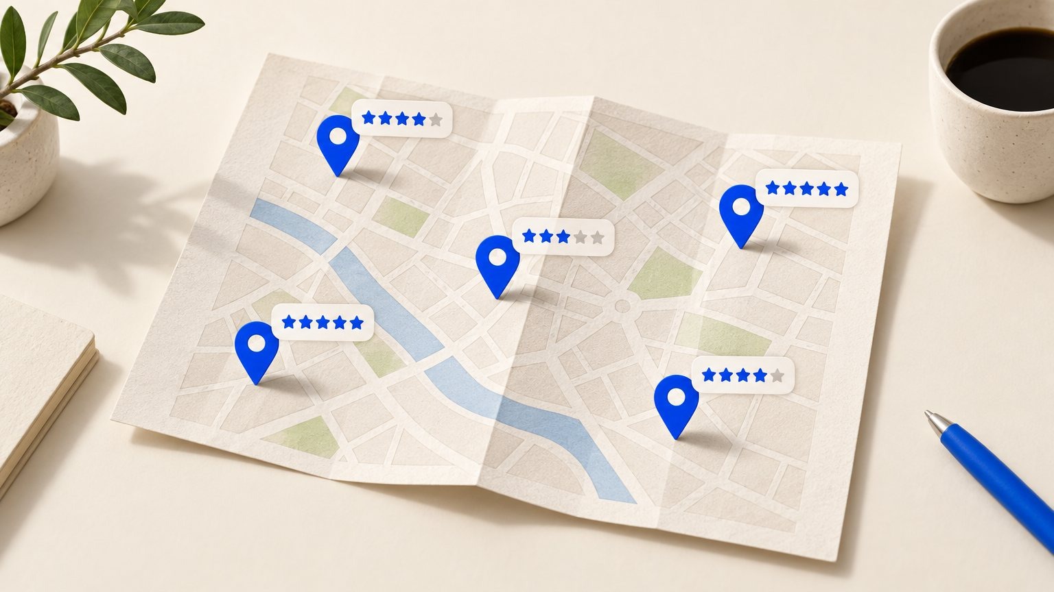 Illustration of a map with several location pins each showing a star rating badge.