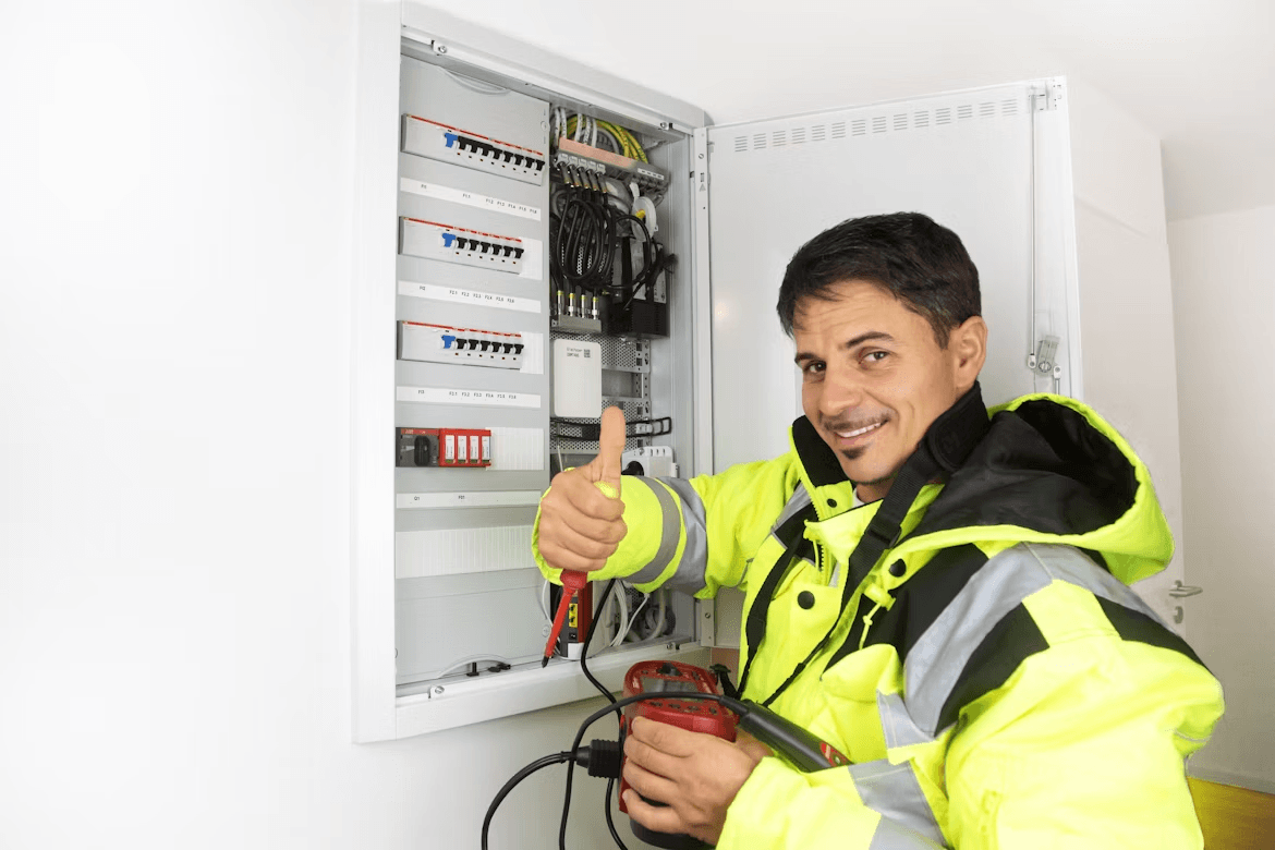 Electrician in a high-visibility jacket giving a thumbs up while holding testing tools next to an open electrical circuit breaker panel