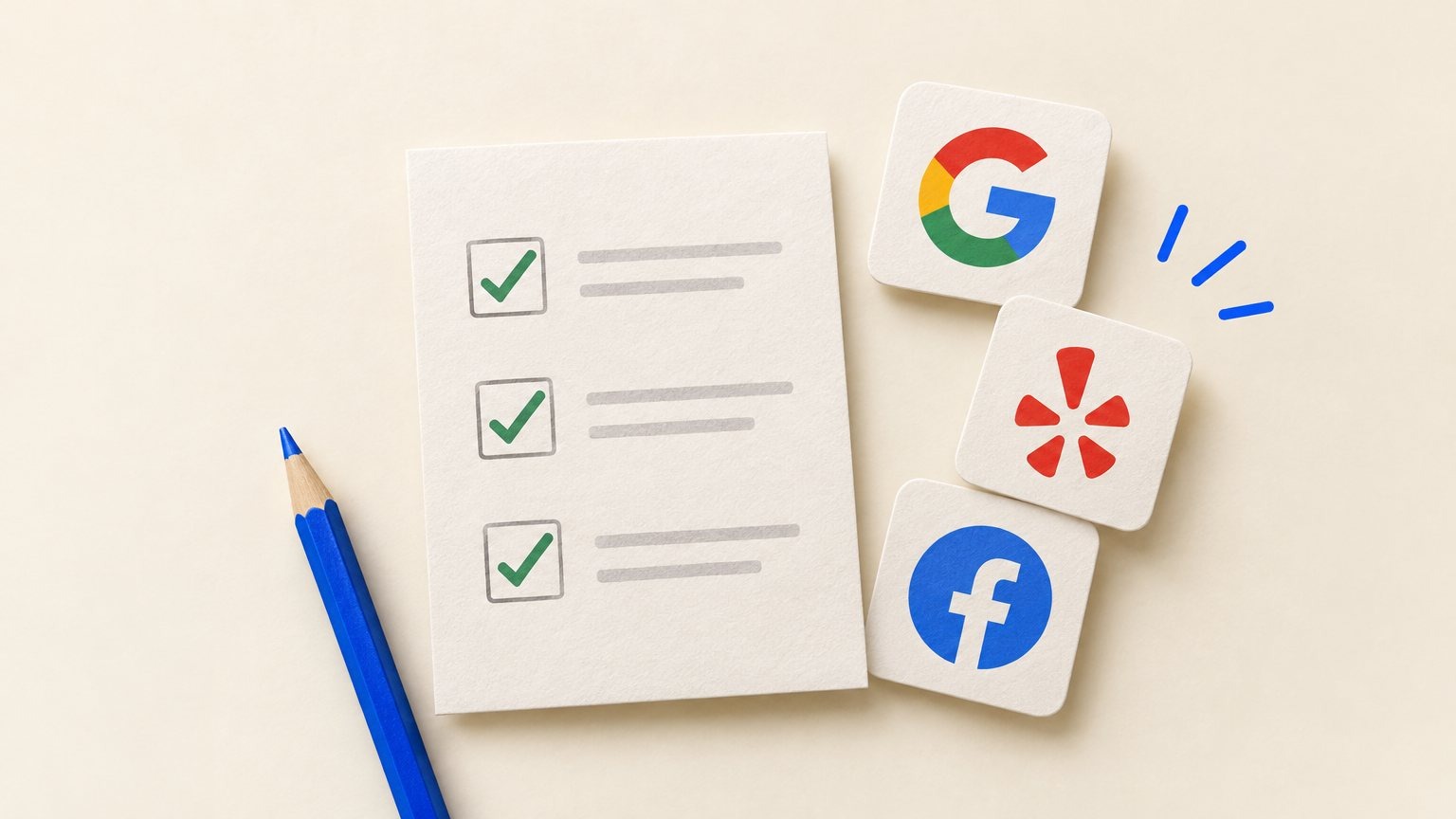 Illustration of a checklist beside icons for different online review platforms.